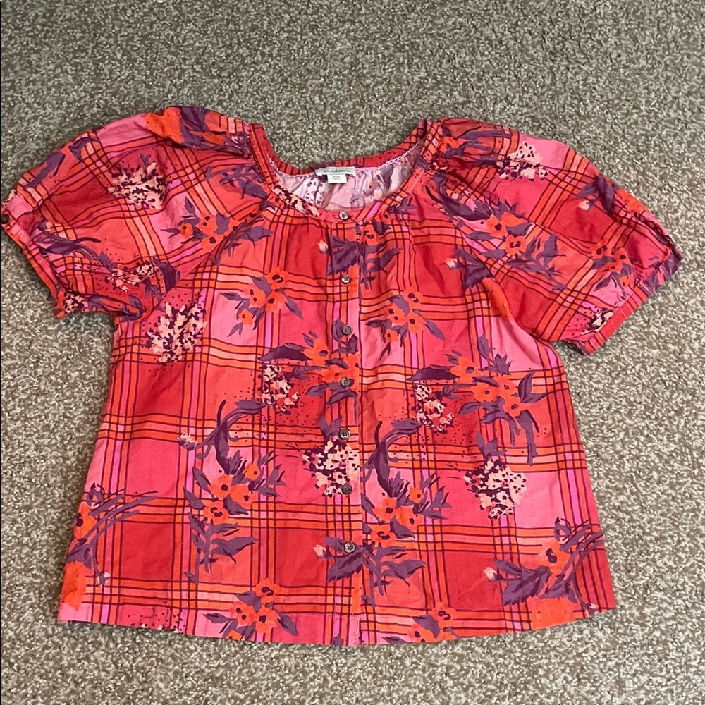 Sundance Cotton Plaid and Floral Short Sleeve Button Front Blouse